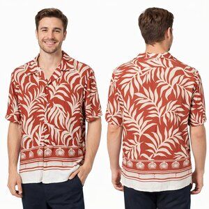 Men's Express Floral Hawaiian Camp Collar Short Sleeve Shirt Rayon - Red & White